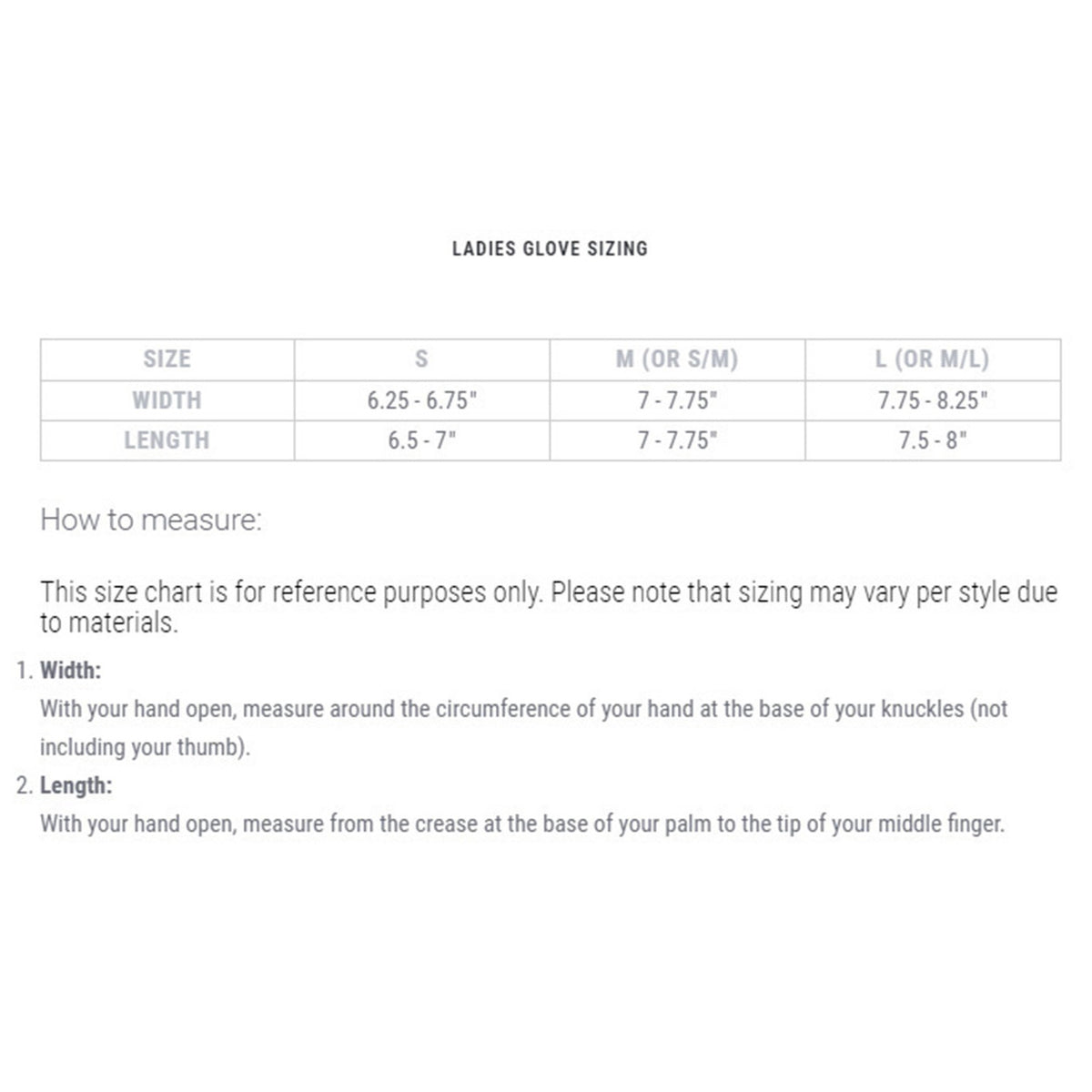 Huntworth Women's Heat Boost Lined Pop Top Hunting Glove Sizing Information