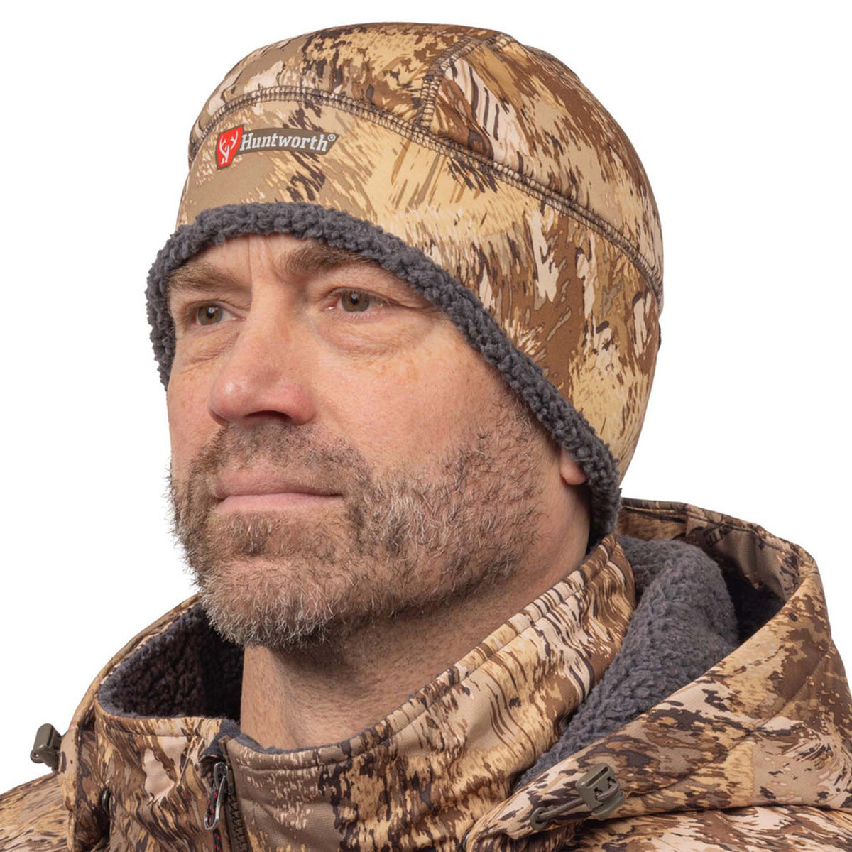On Model Image of the Huntworth Whittier Heat Boost Heavyweight Merino Wool Lined Waterfowl Beanie.