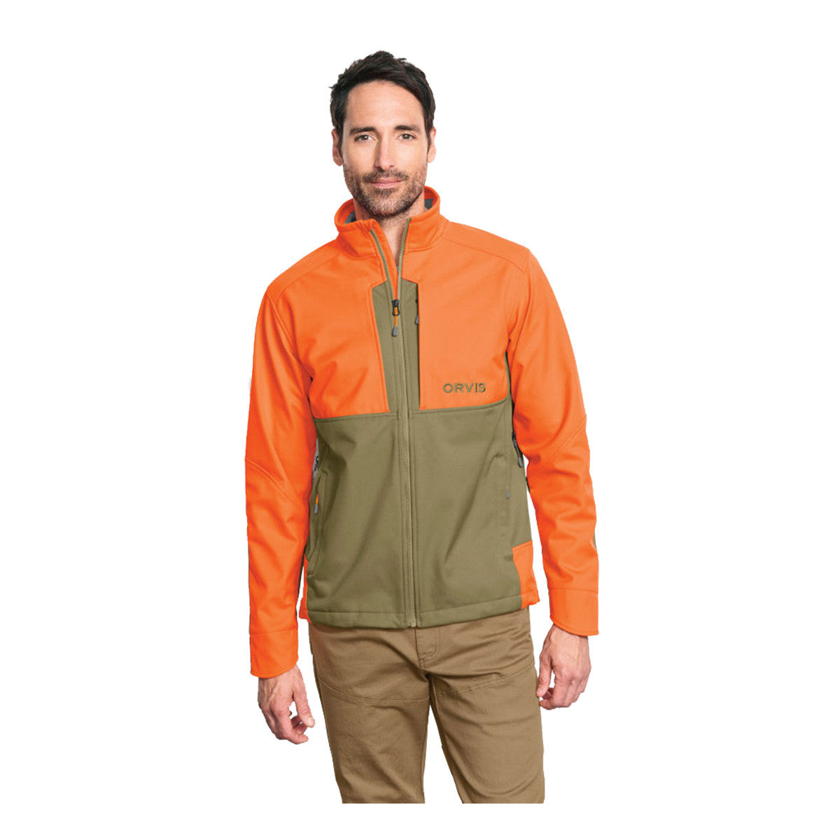 Orvis Upland Hunting Softshell Jacket Model Image in Tan-Blaze