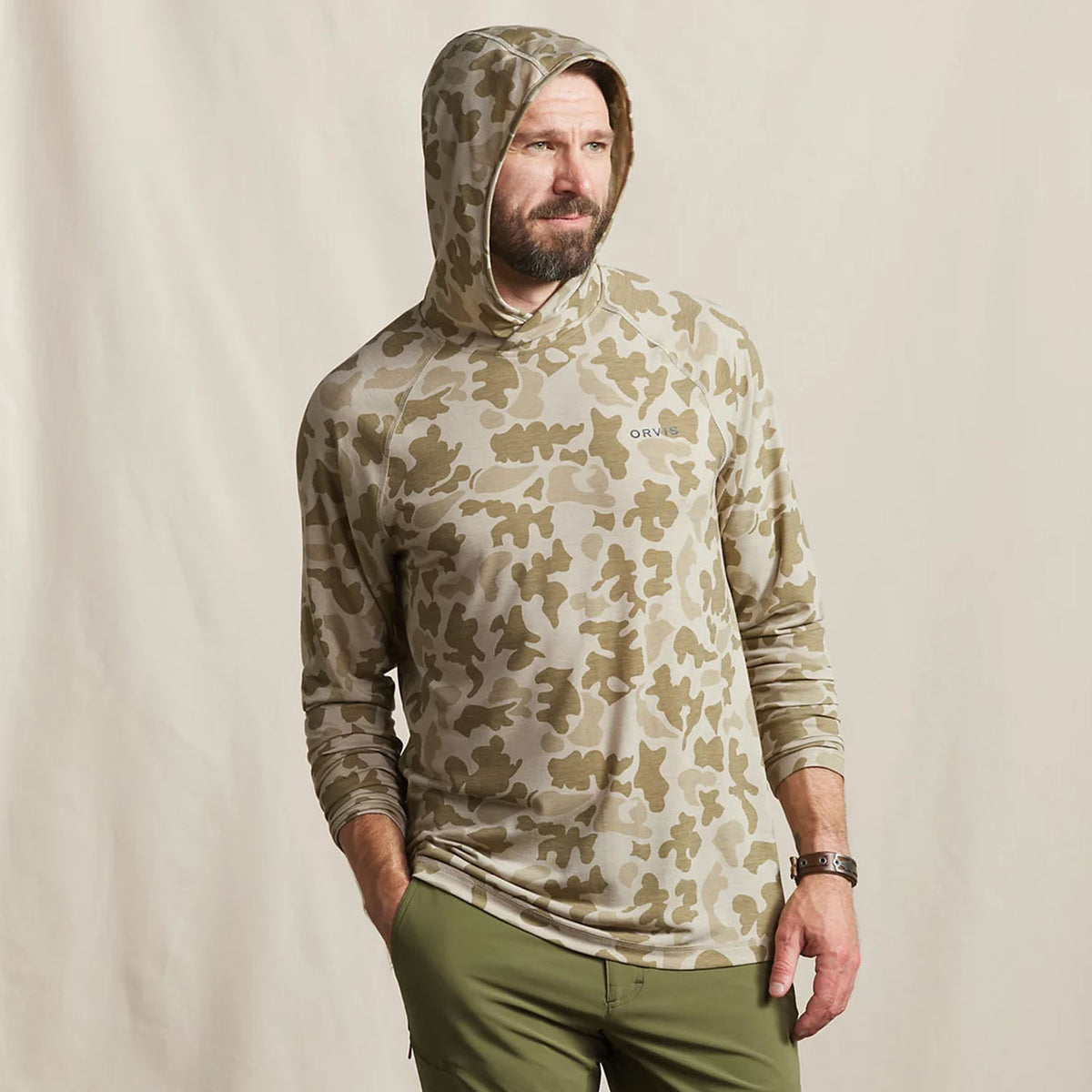 Hood Up Model Image of the Orvis DriCast Hoodie.