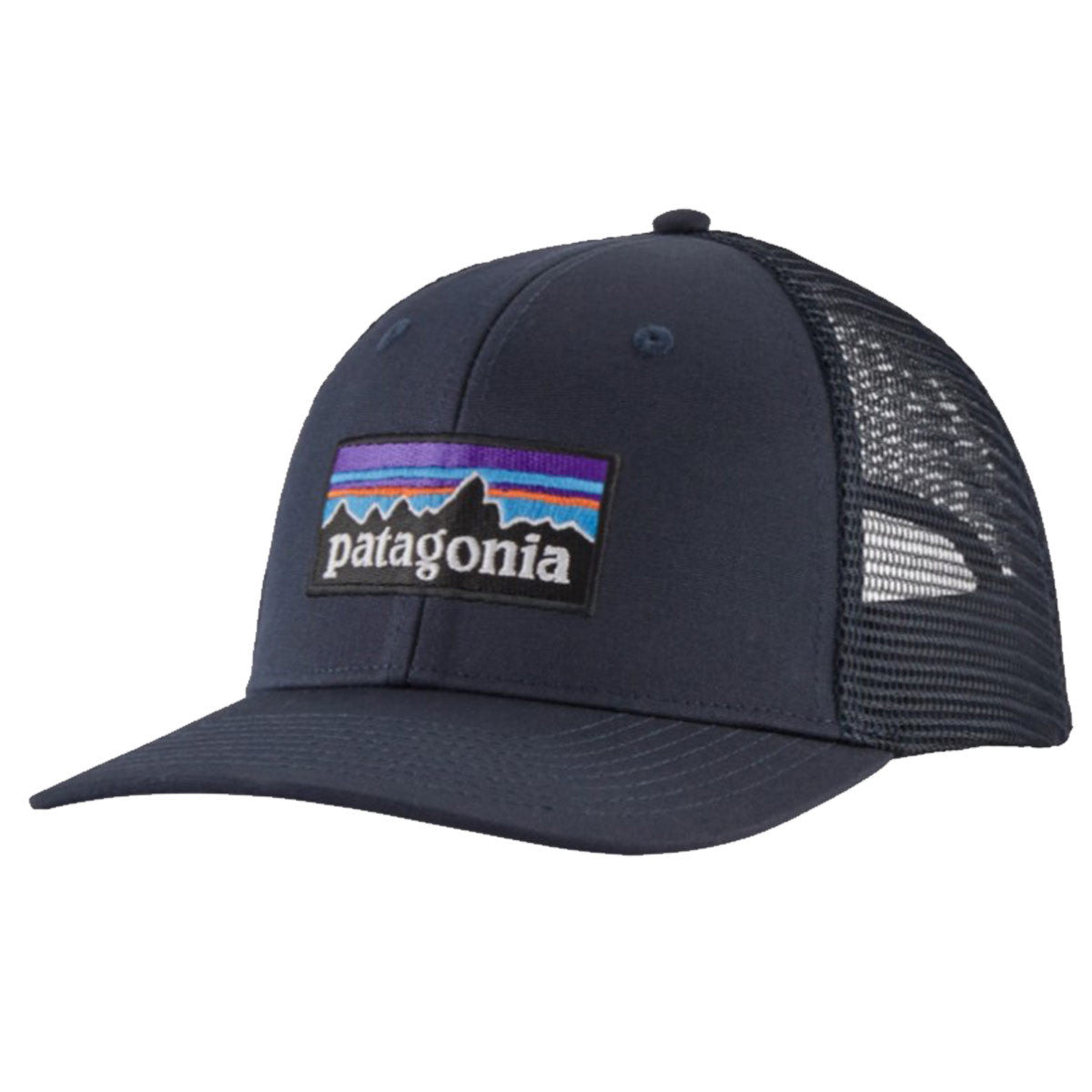 Patagonia P-6 Logo Trucker Hat Image in Navy Blue Forge Grey