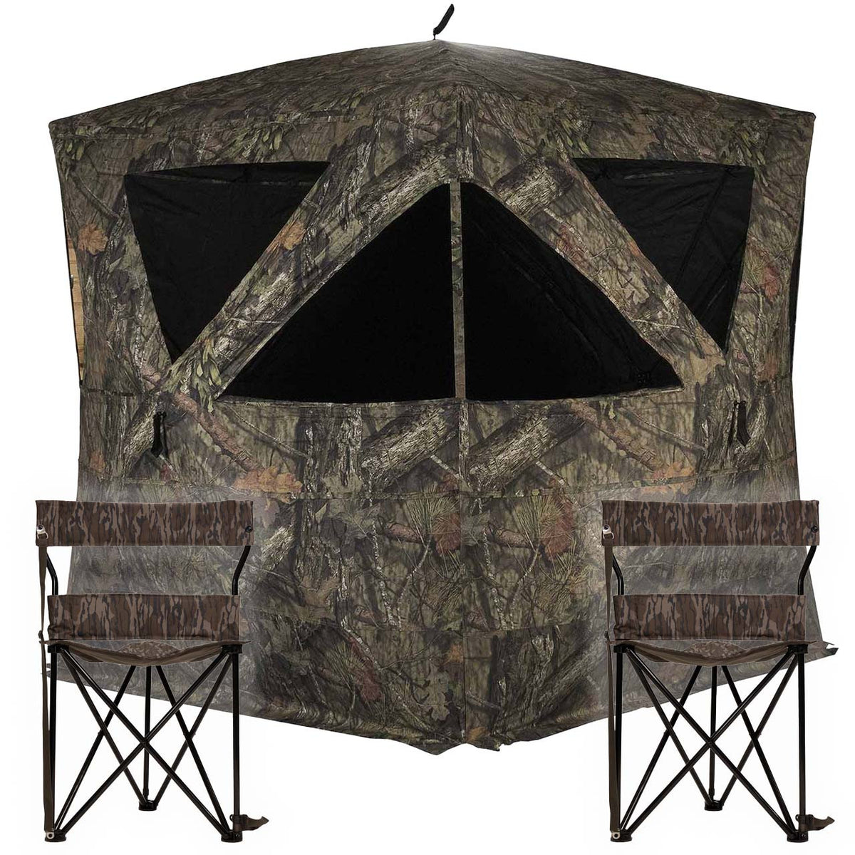 Image of the Rhino 500 Hunting Blind in Mossy Oak Break-Up Country with 2 Rogers Sporting Goods Workin' Man Wide Tripod Hunting Chairs