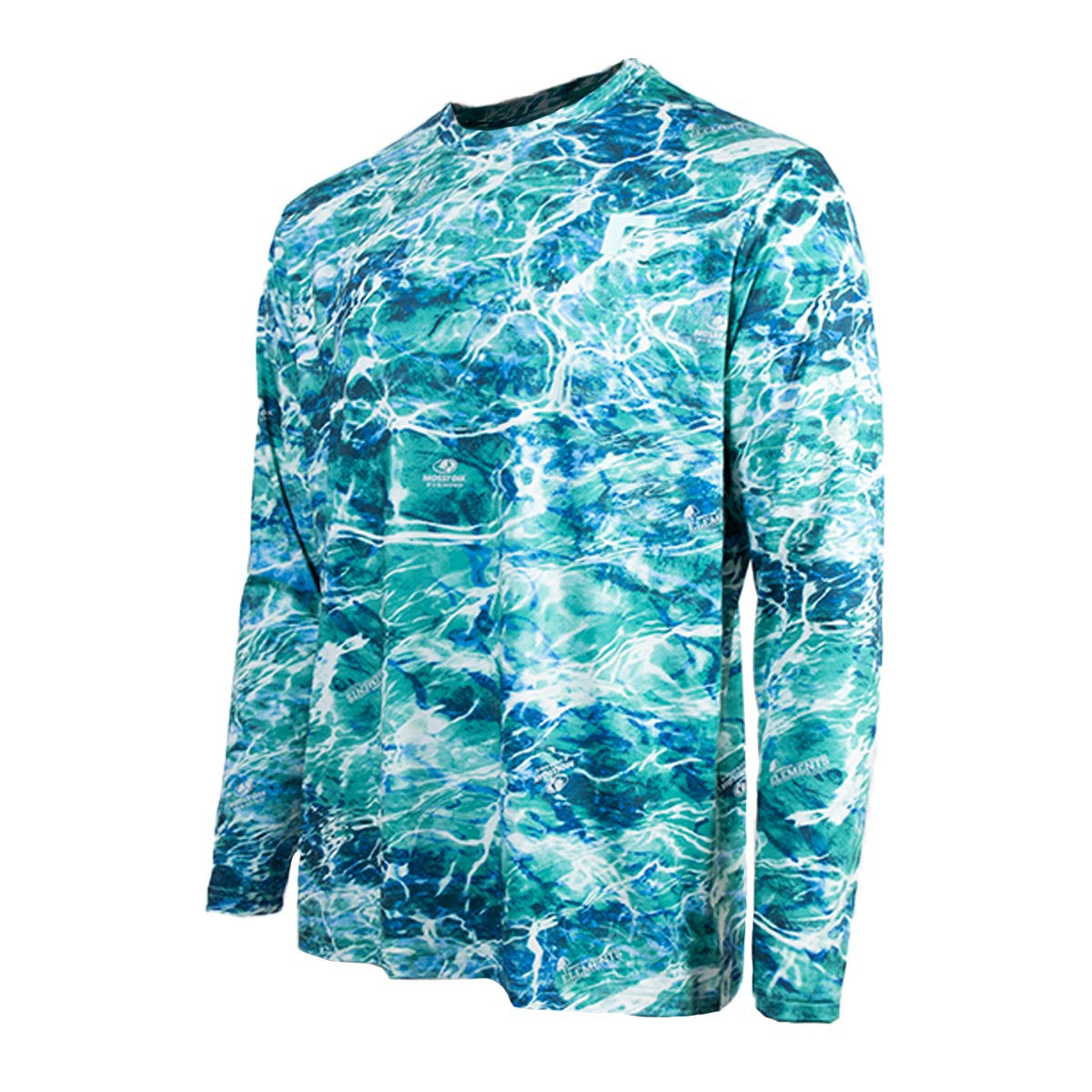 side image of Rogers Elite Chill Long Sleeve Tee with Bug Protection in Mossy Oak Elements Agua Sea Foam.