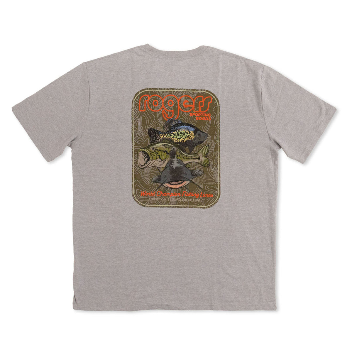 Image of the Rogers Sporting Goods Missouri Catch T-Shirt Back in Ultimate Gray Light Heather