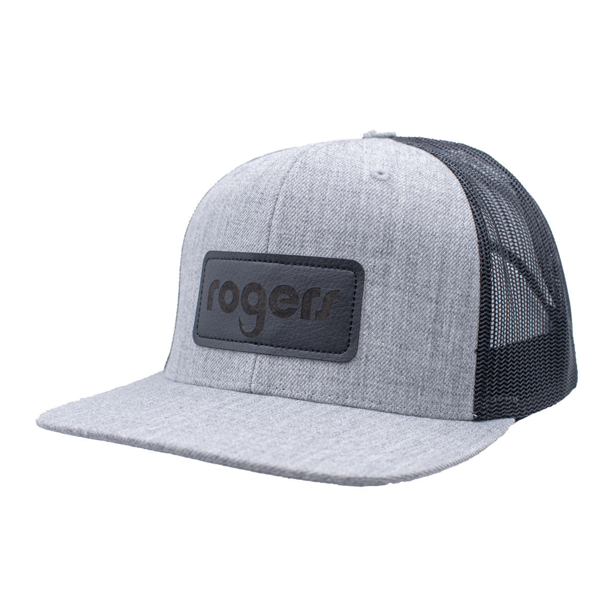image of Rogers Richardson 511 Graphite Leather Logo Patch Cap in Heather Grey-Black.