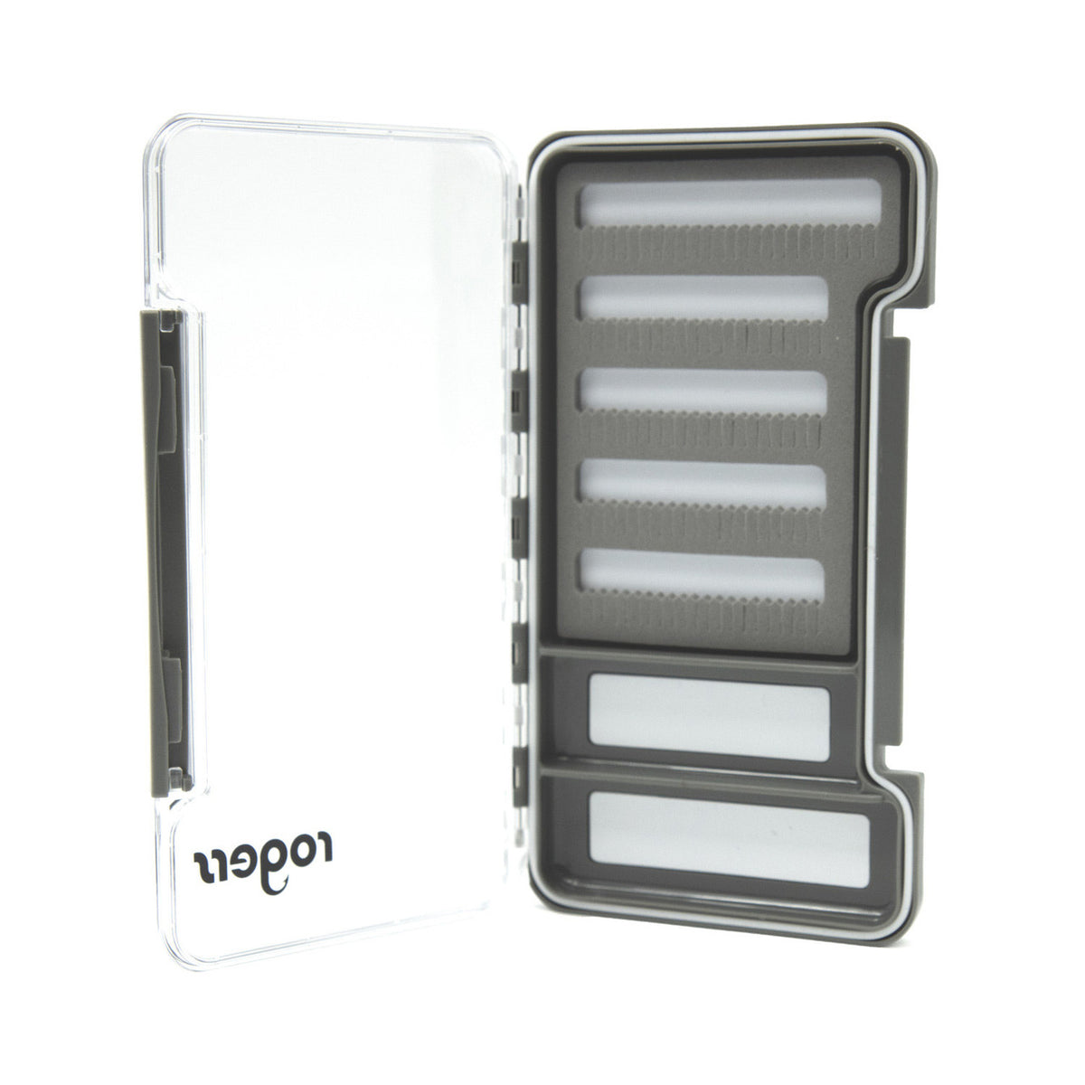 opened image of Rogers Elite Slim Fly Box Large – Slit Foam & Magnetic Compartment.