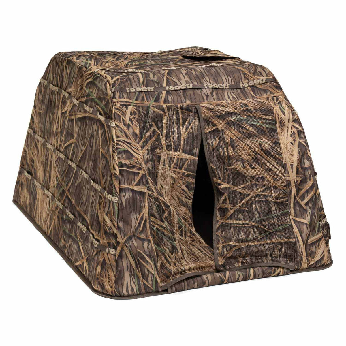 Tilted image of the Rogers Pooch Palace XL Dog Blind, Mossy Oak Original Shadowgrass.