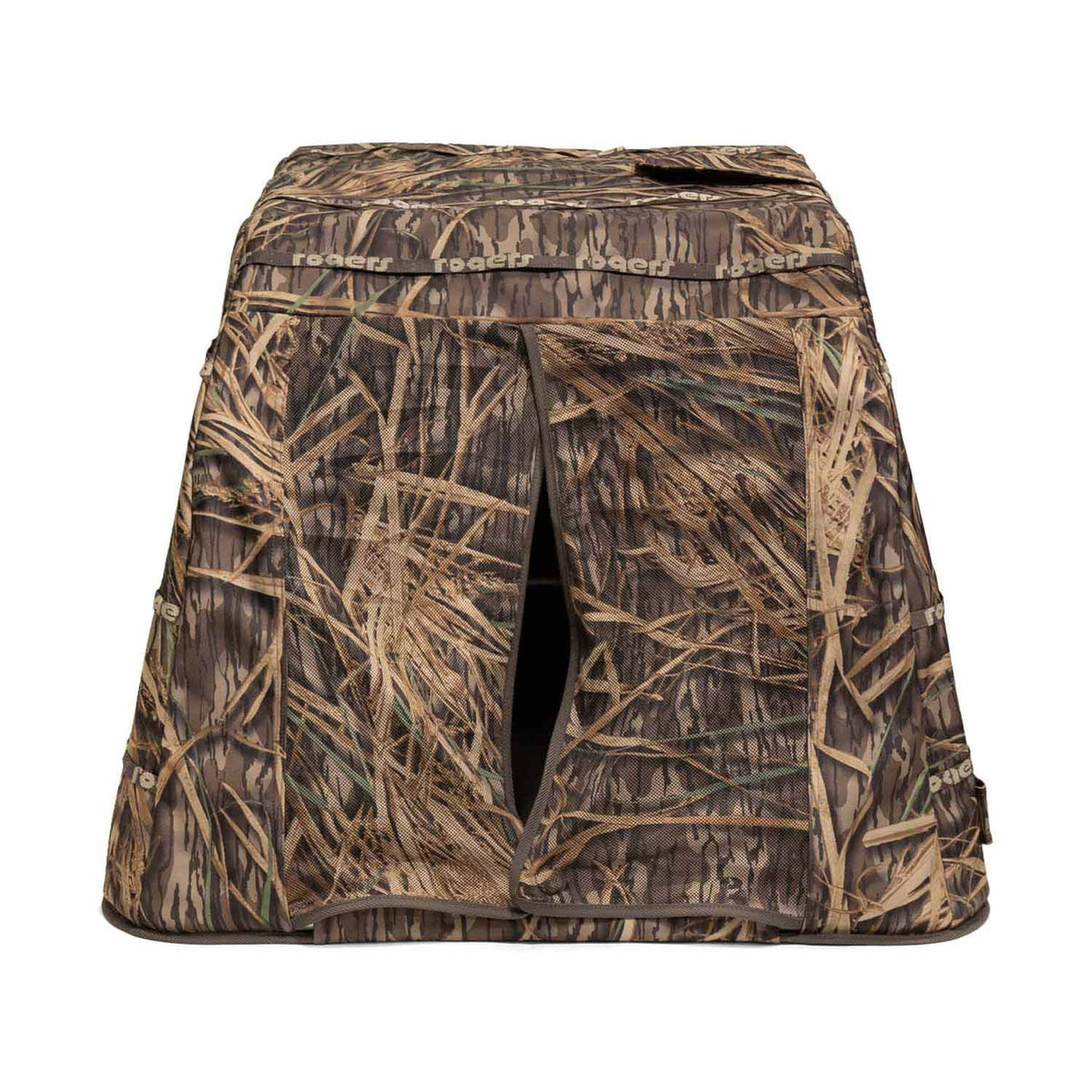 Front image of the Rogers Pooch Palace XL Dog Blind, Mossy Oak Original Shadowgrass.