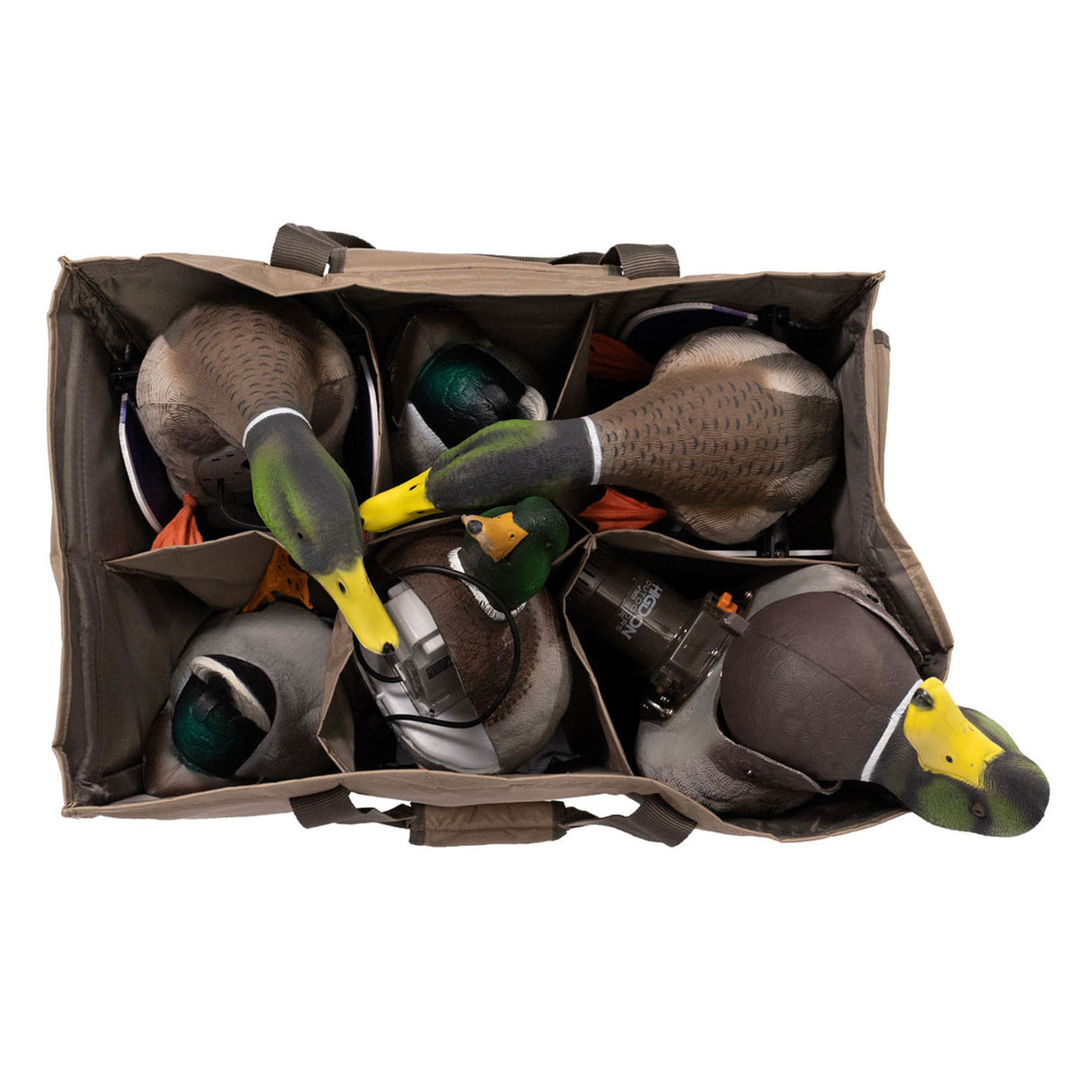 Top Image with Decoys of the Rogers Sporting Goods 6 Slot Water Motion Decoy Bag.