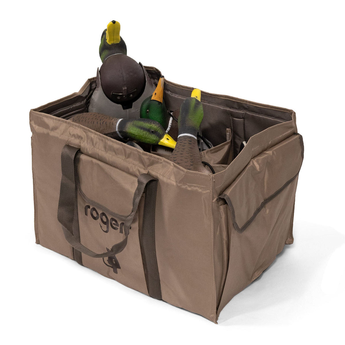 Front Angled Image with Decoys of the Rogers Sporting Goods 6 Slot Water Motion Decoy Bag.