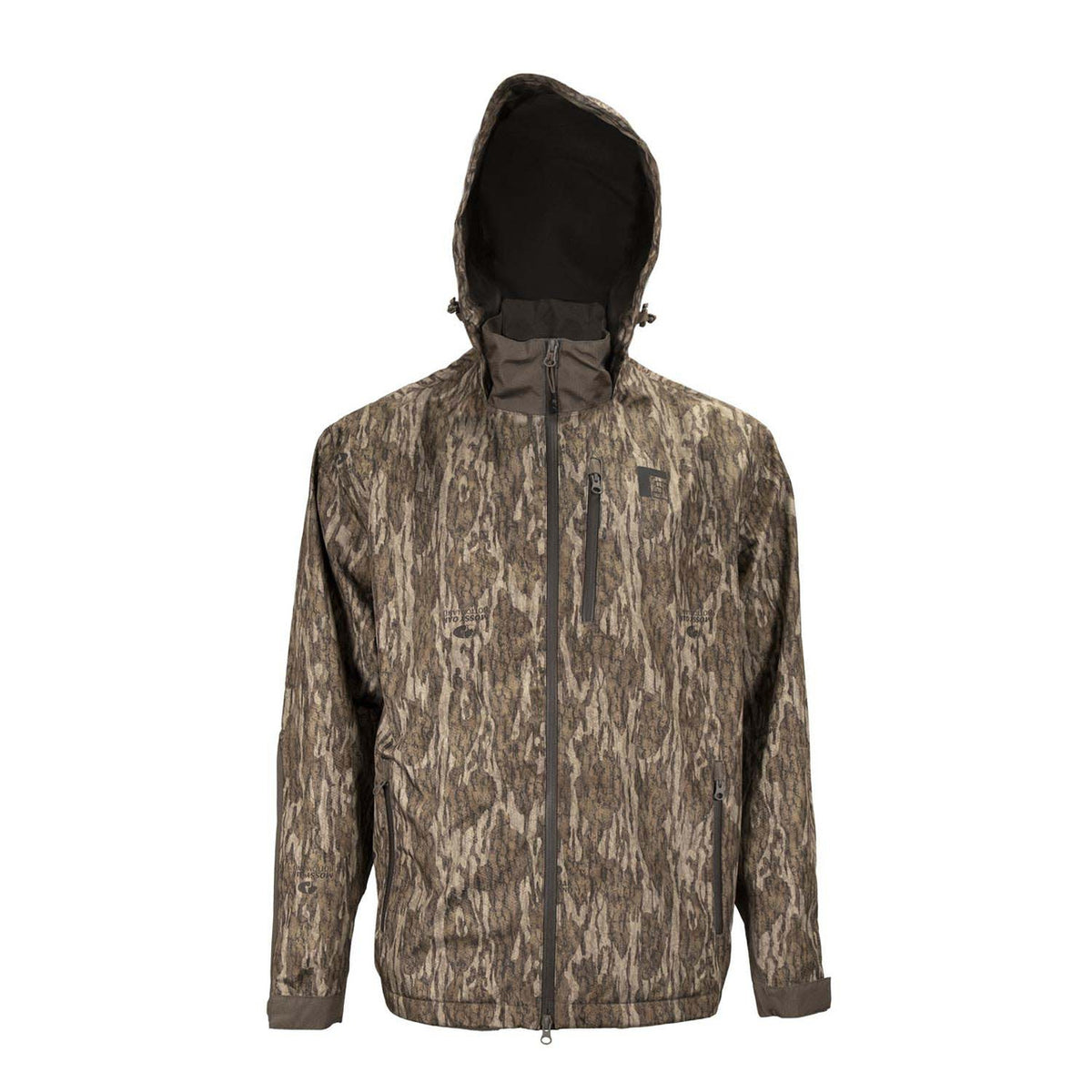 hood up image of Storm Stopper Rain Shell in Mossy Oak Bottomland.
