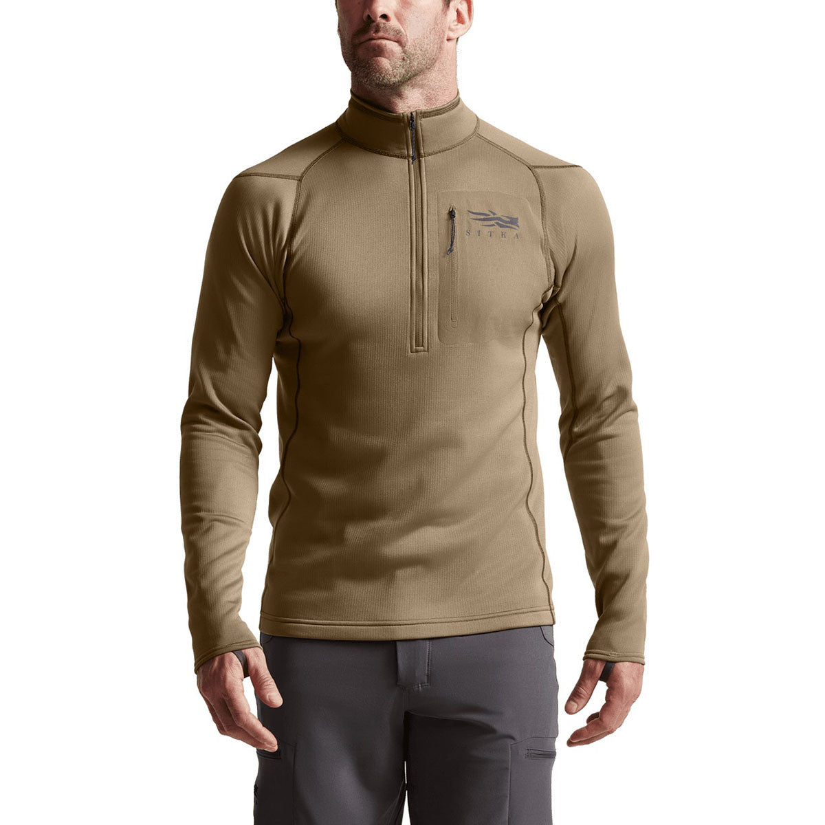 Sitka Core Midweight Zip-T Front Model Image.