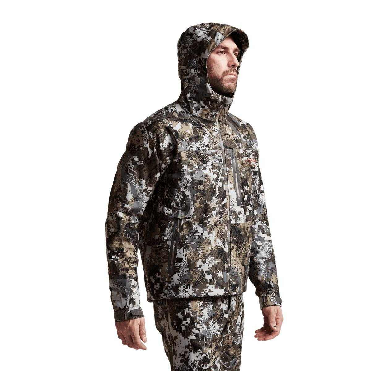 Sitka Downpour Jacket, Optifade Elevated II Side Model with Hood Up Image