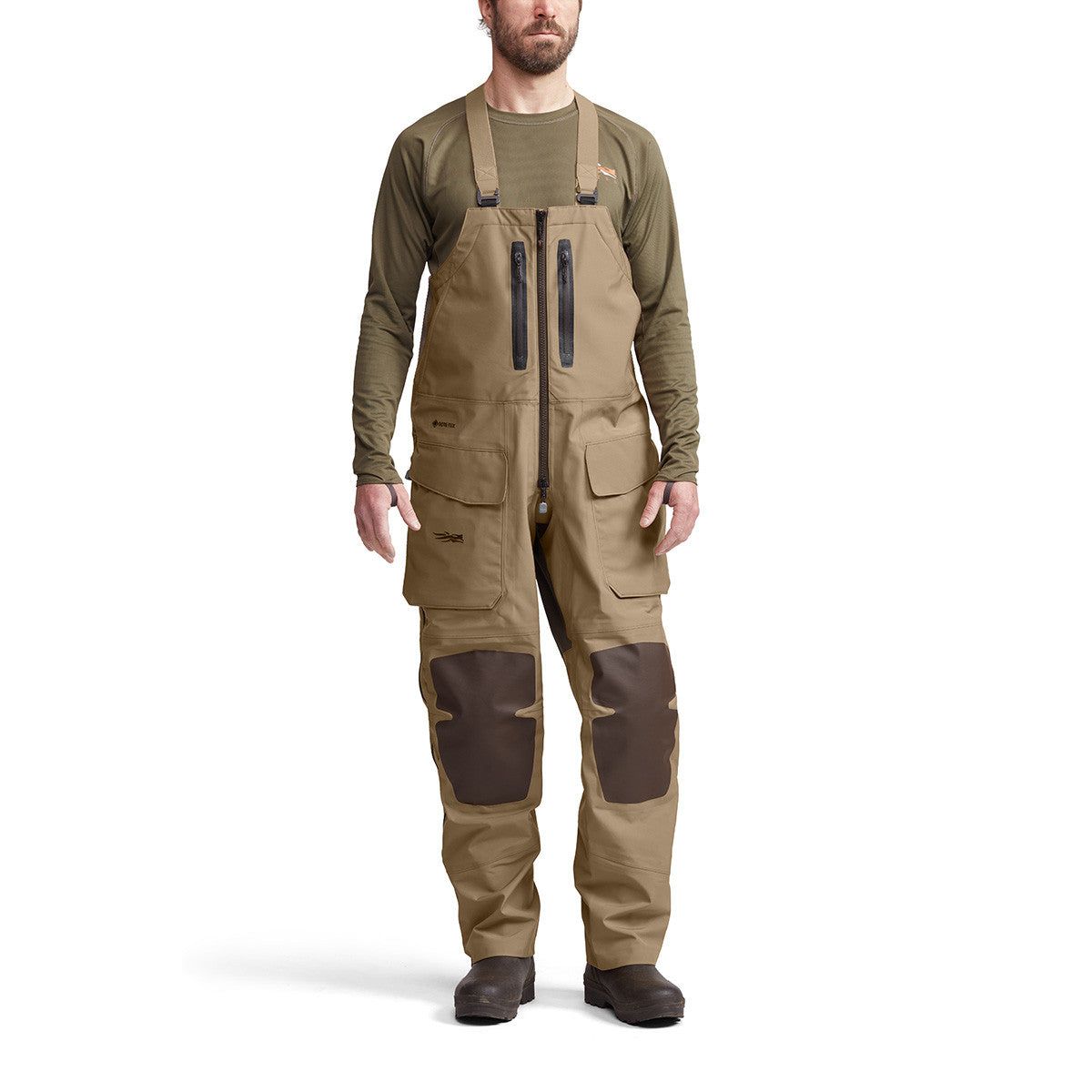 Sitka Hudson Bib Front Model Image in Dirt