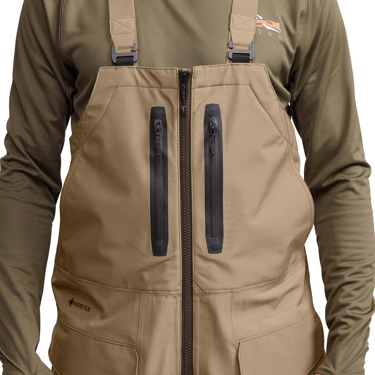 Sitka Hudson Bib Closeup Front Image in Dirt