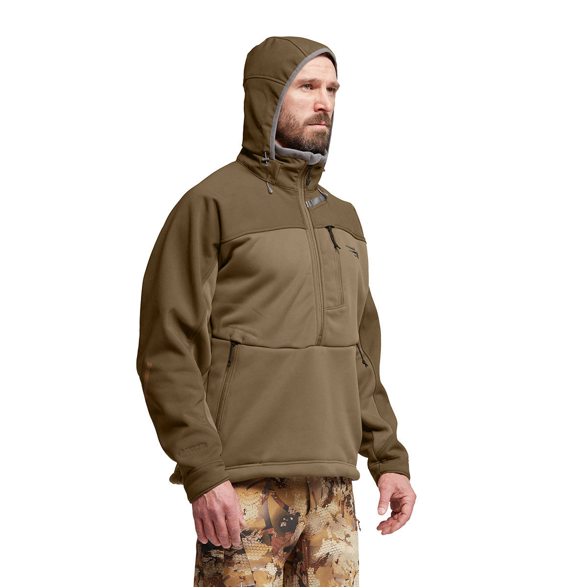 Sitka Dakota Hoodie Side Model Image with Hood Up in Coyote