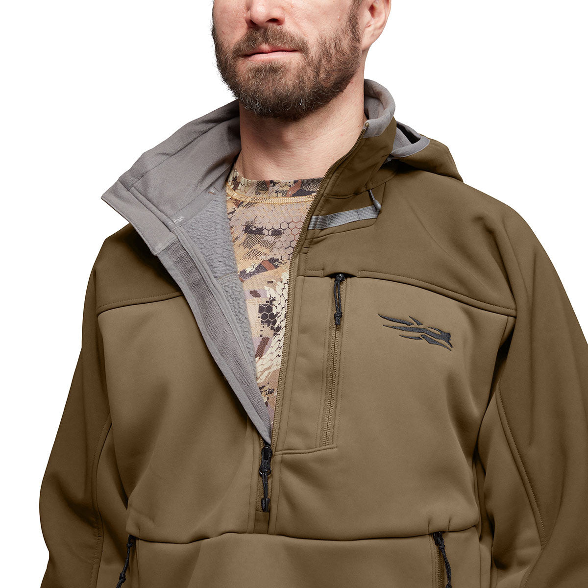 Sitka Dakota Hoodie Opened Front Model Image in Coyote