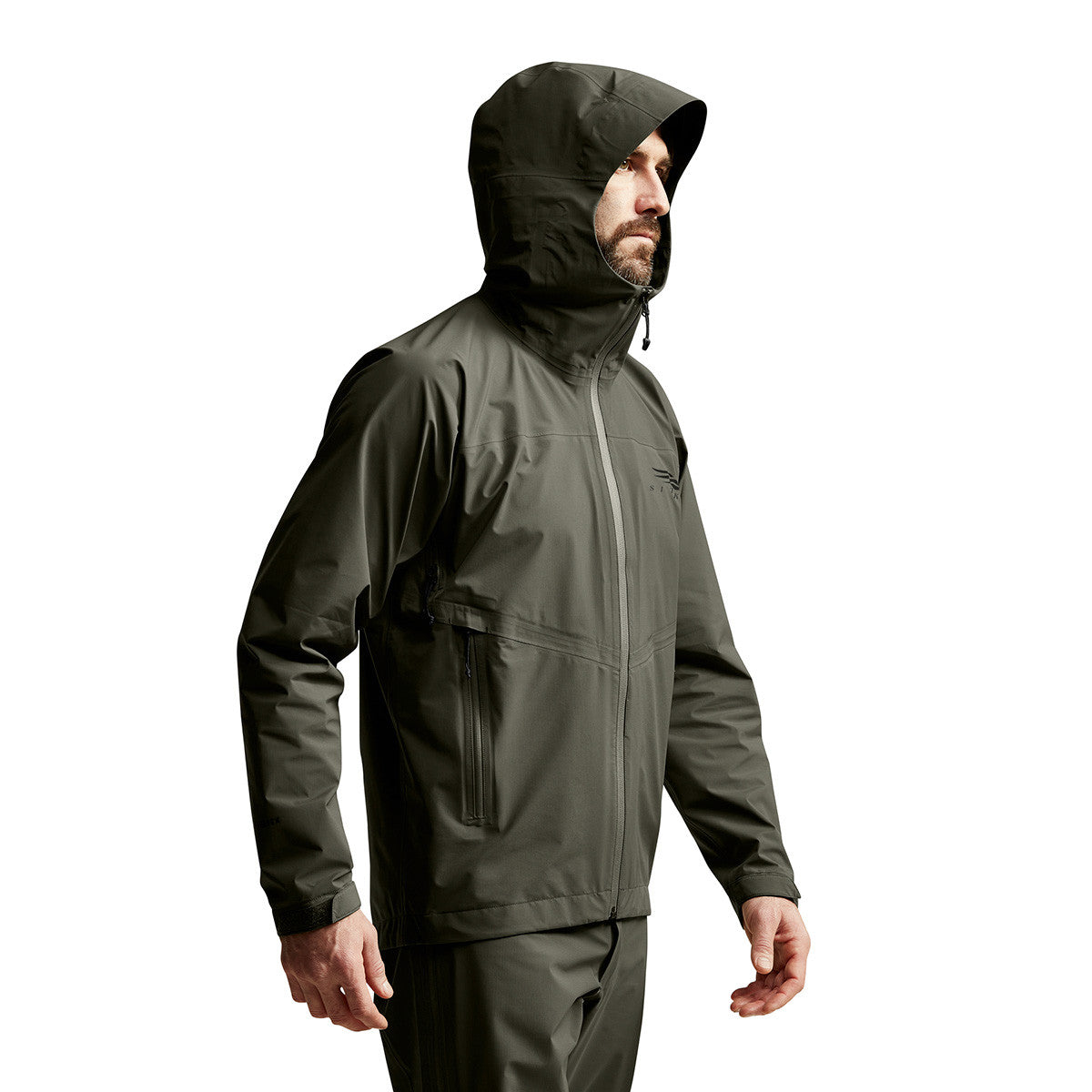 Sitka Dew Point Jacket Side  Image with Hood in Deep Lichen