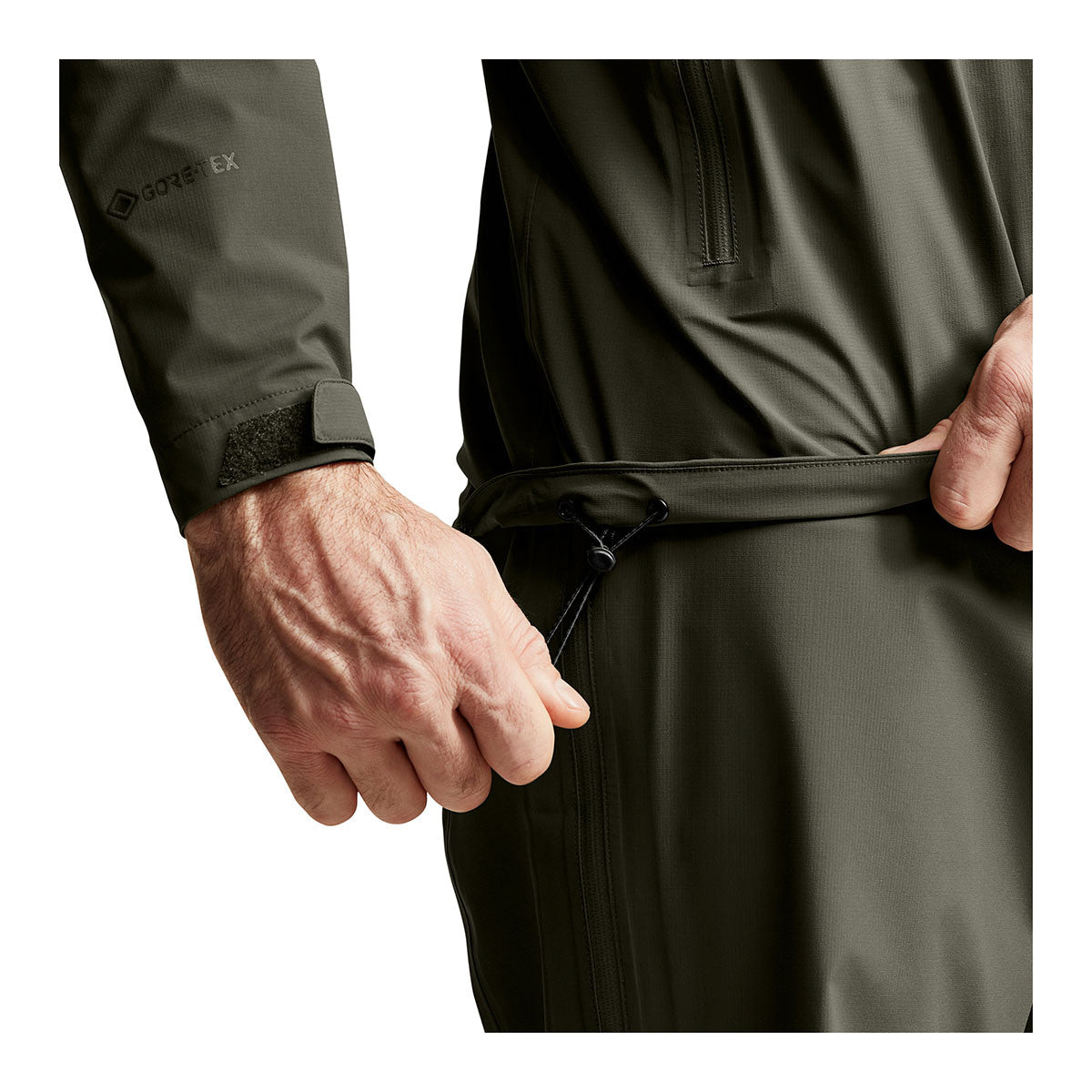 Sitka Dew Point Jacket Pocket Bungee Image in Deep Lichen