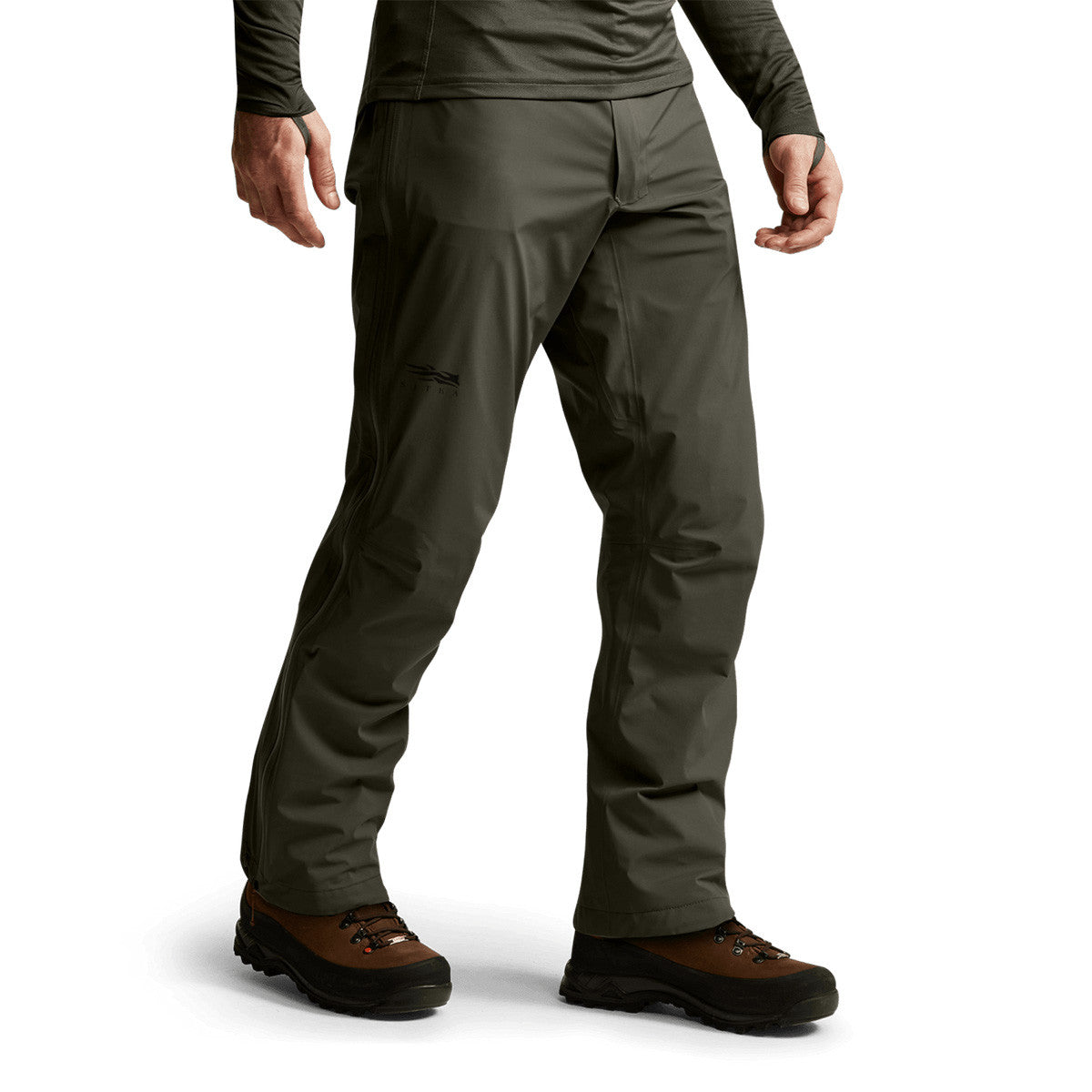 Sitka Dew Point Pant Front Angled Model Image in Deep Lichen