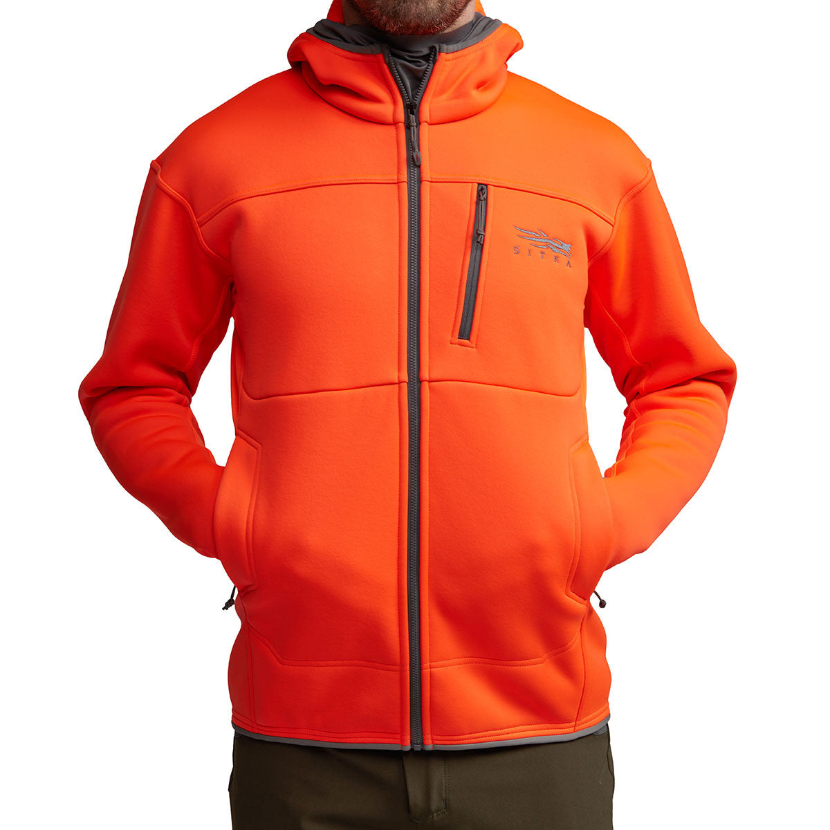 Sitka Traverse Hoodie Front Model Pocket Image