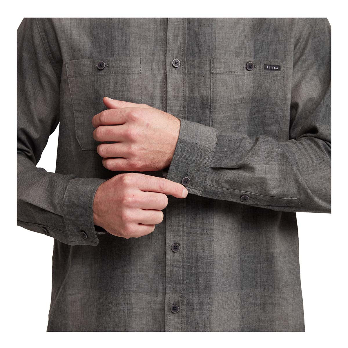Sitka Ambary Long-Sleeve Shirt Model Buttons Image in Obsidian Plaid