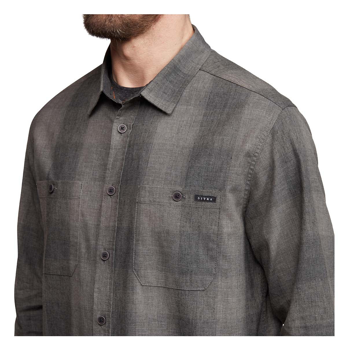 Sitka Ambary Long-Sleeve Shirt Model Chest Image in Obsidian Plaid