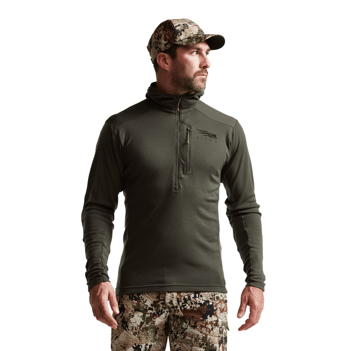 Sitka Intercept Hoodie Front Model Image in Deep Lichen