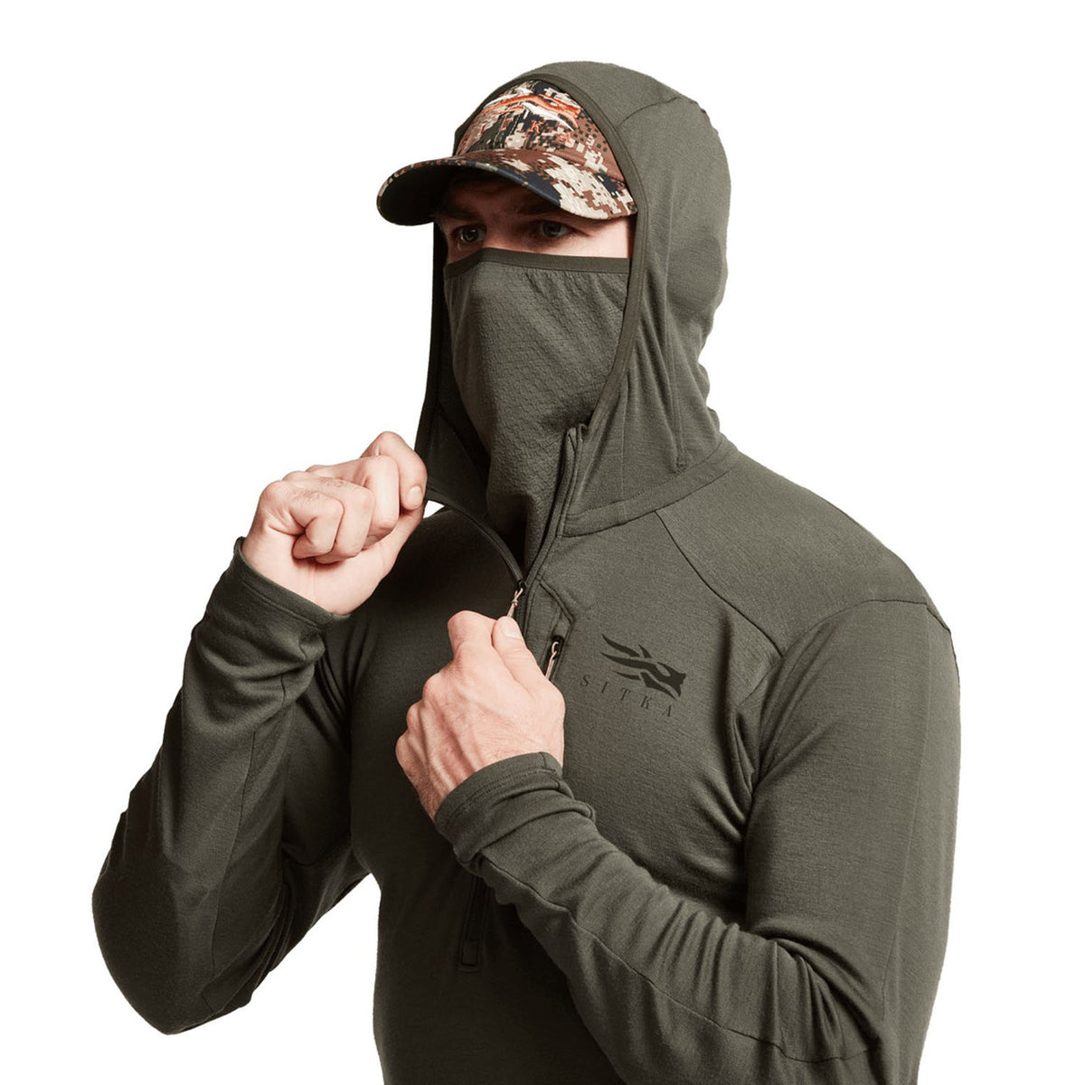 Sitka Intercept Hoodie Facemask Image in Deep Lichen