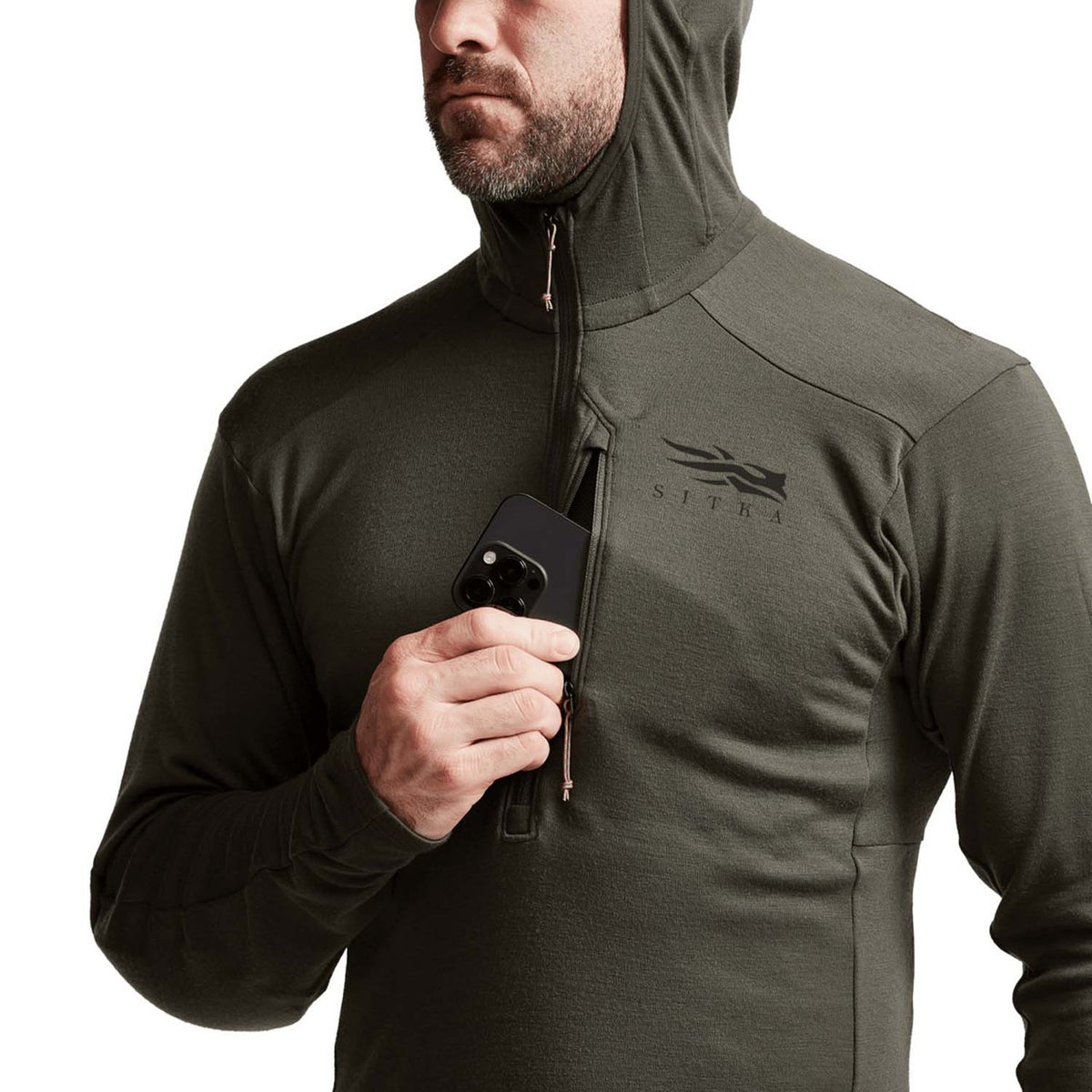 Sitka Intercept Hoodie Pocket Image in Deep Lichen