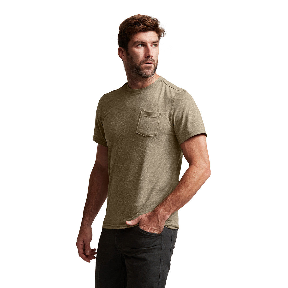 Sitka Essential Short-Sleeve Crew Model Image in Buckskin Heather