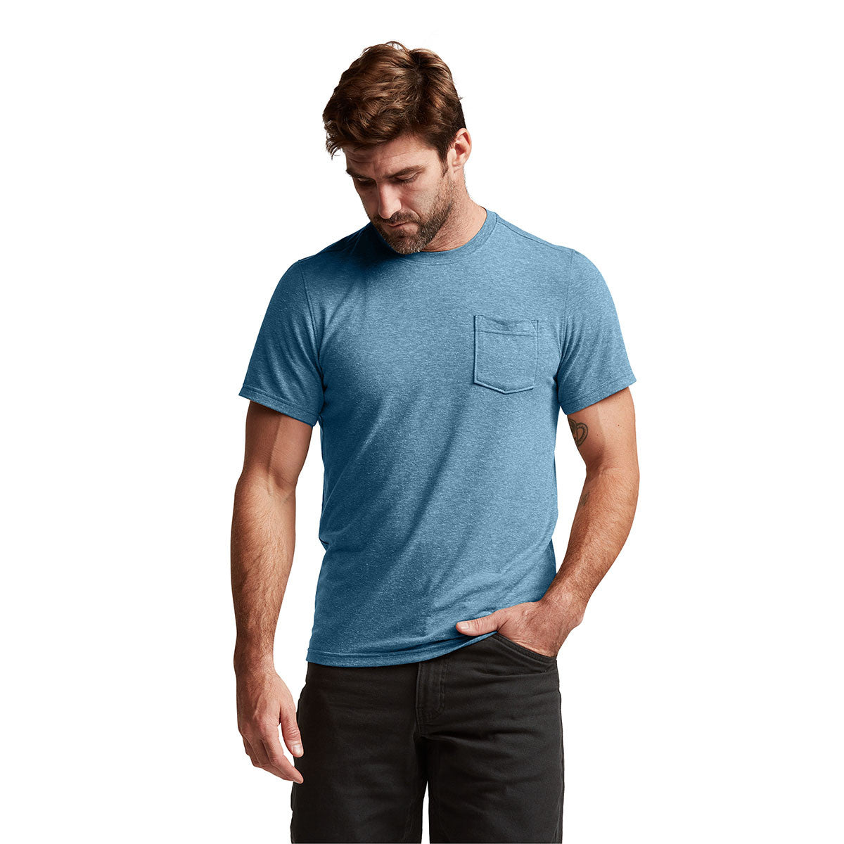 Sitka Essential Short-Sleeve Crew Model Image in Pacific Heather