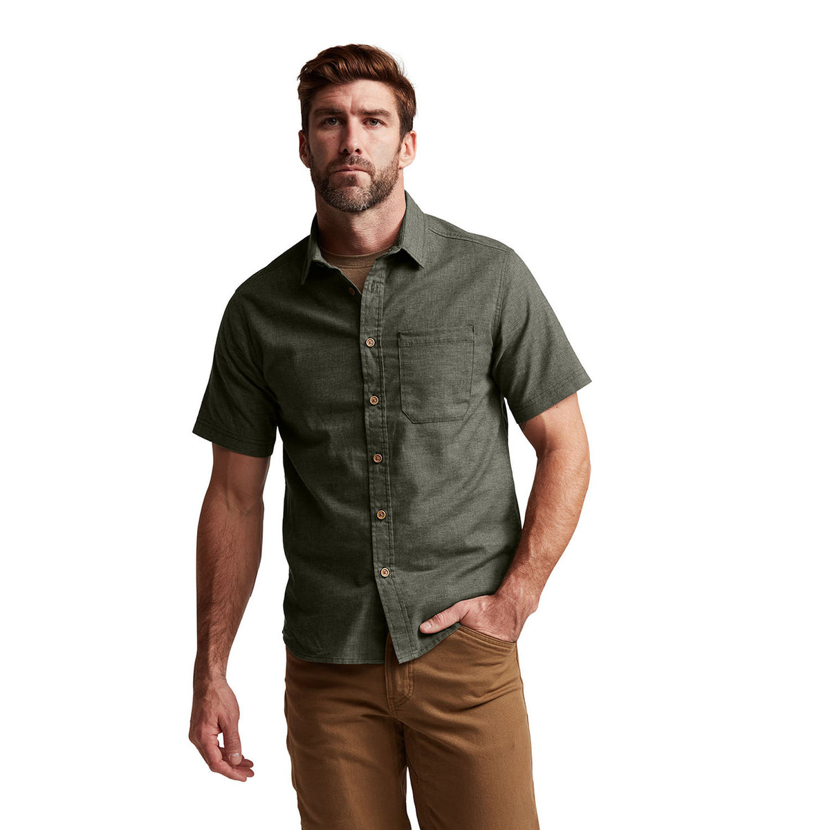 Ambary Short-Sleeve Shirt Model Image in Herb Green Heather