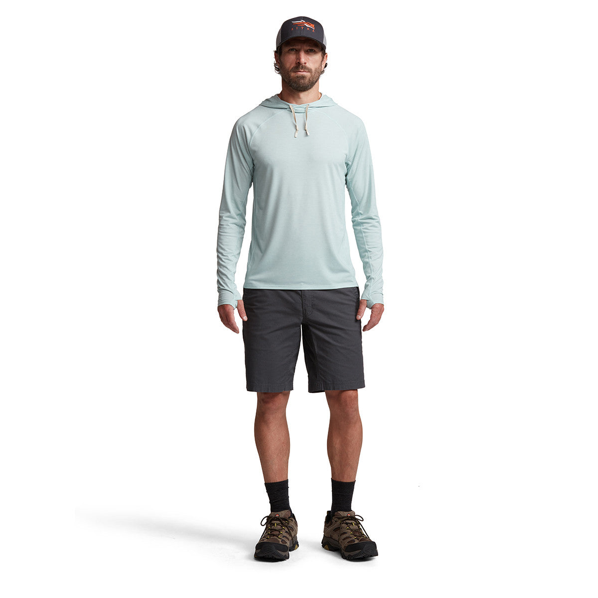 Sitka Radiant Hoodie Front Model Image in Blue Haze