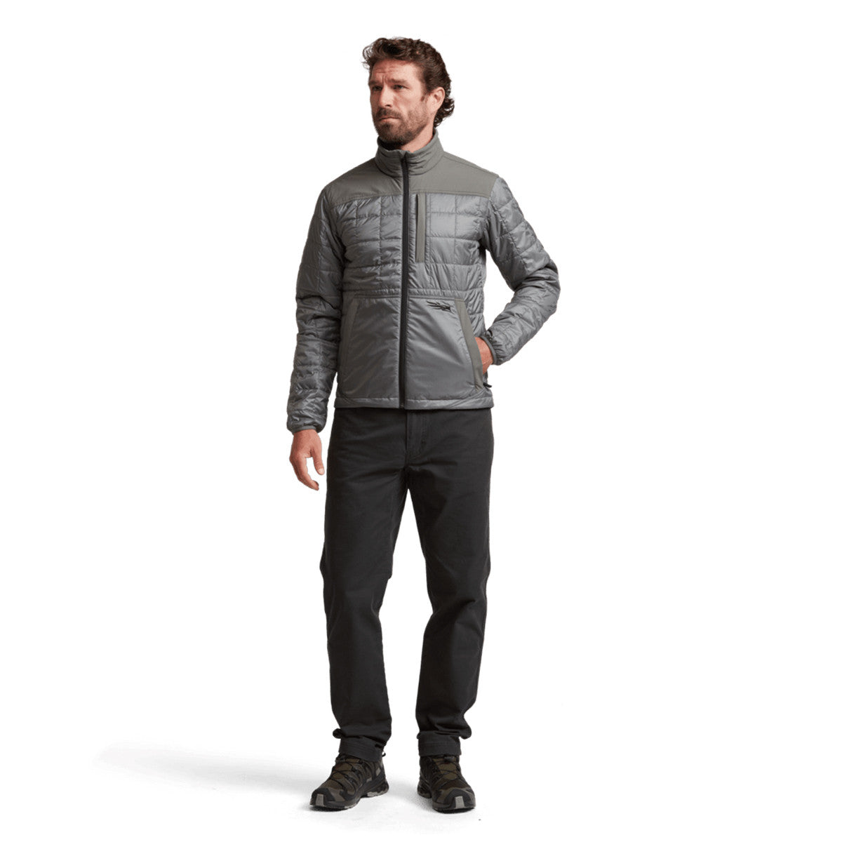 Sitka Lowland Jacket Front Model Image in Woodsmoke