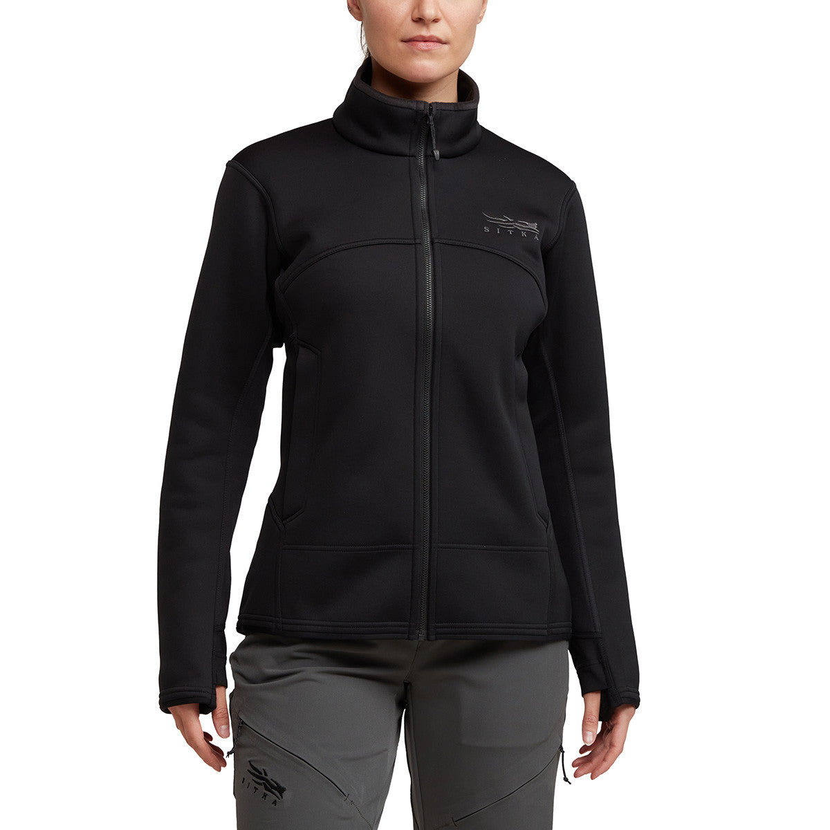 Sitka Women's Traverse Jacket Front Model Image in Sitka Black