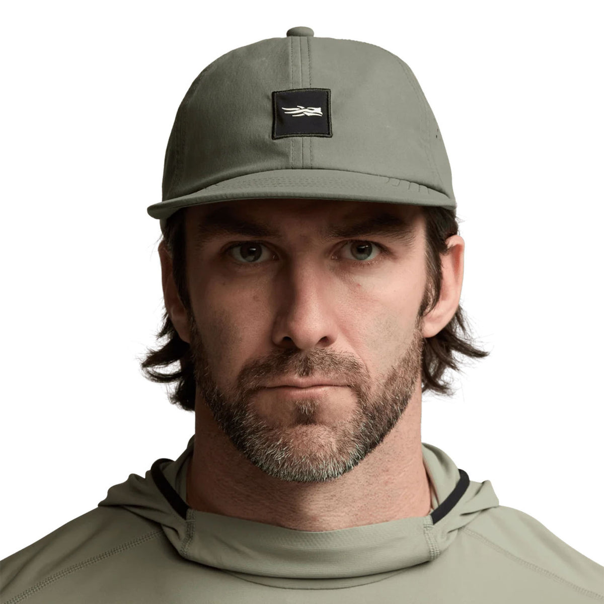 Sitka Amphib Packable Hat Front Model Image in Hemlock Green