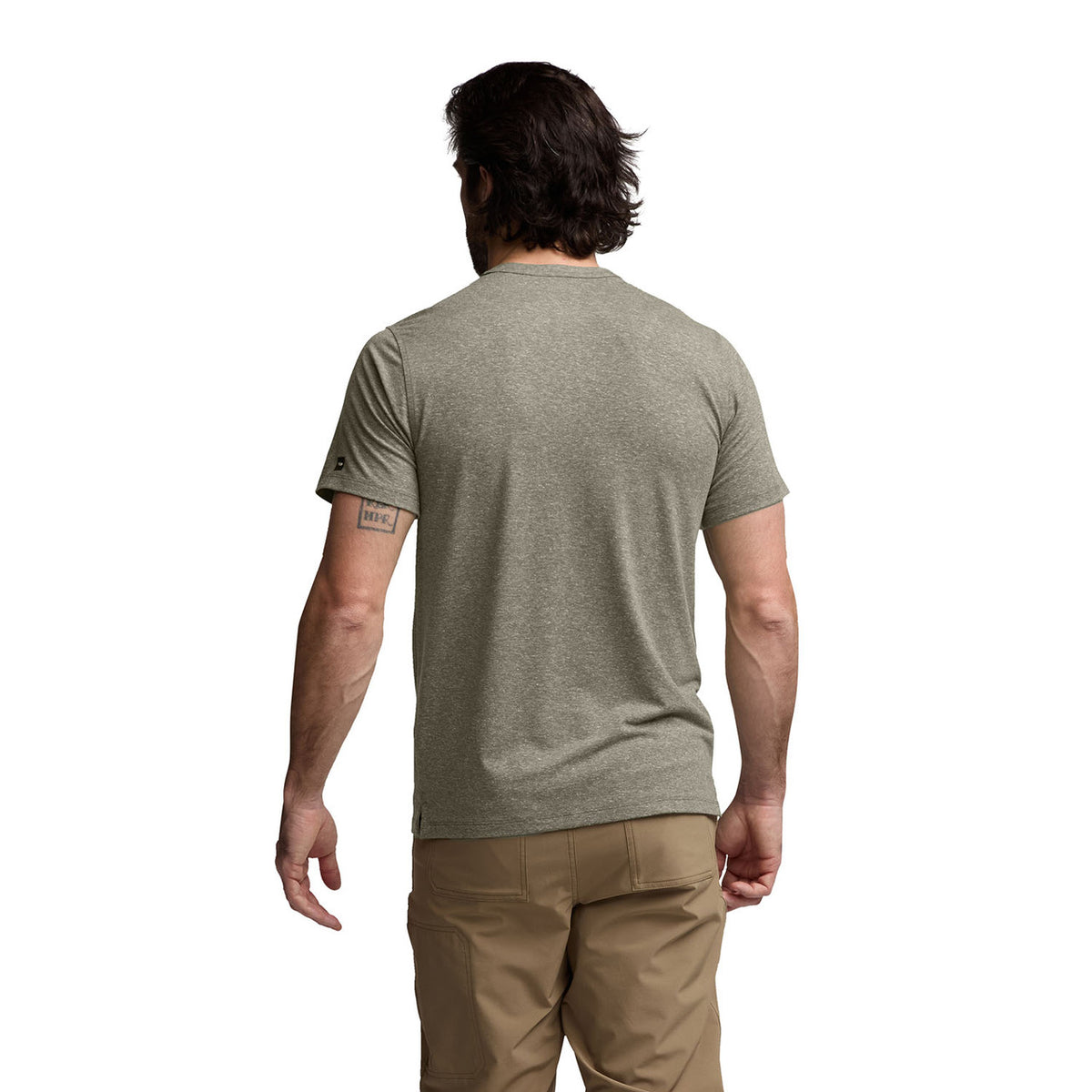 Sitka Essential Short-Sleeve Henley Back Model Image in Oak Heather