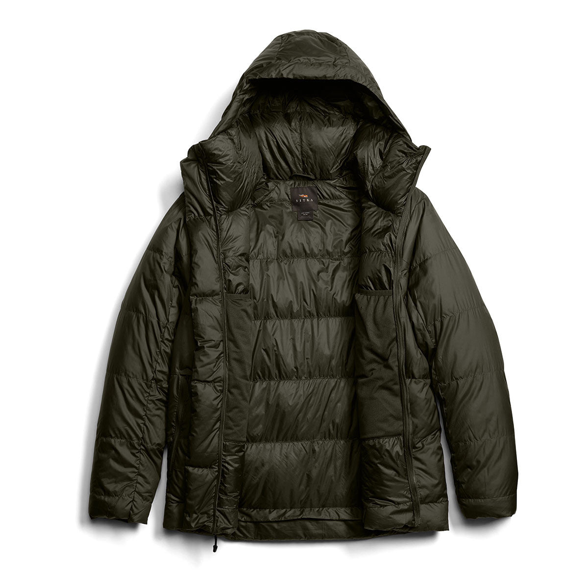 Sitka Kelvin HyperDown Jacket Front Opened Image in Deep Lichen