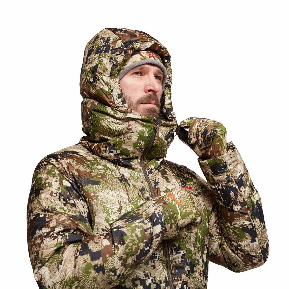 Sitka Kelvin HyperDown Jacket Adjustable Hood Image in Subalpine