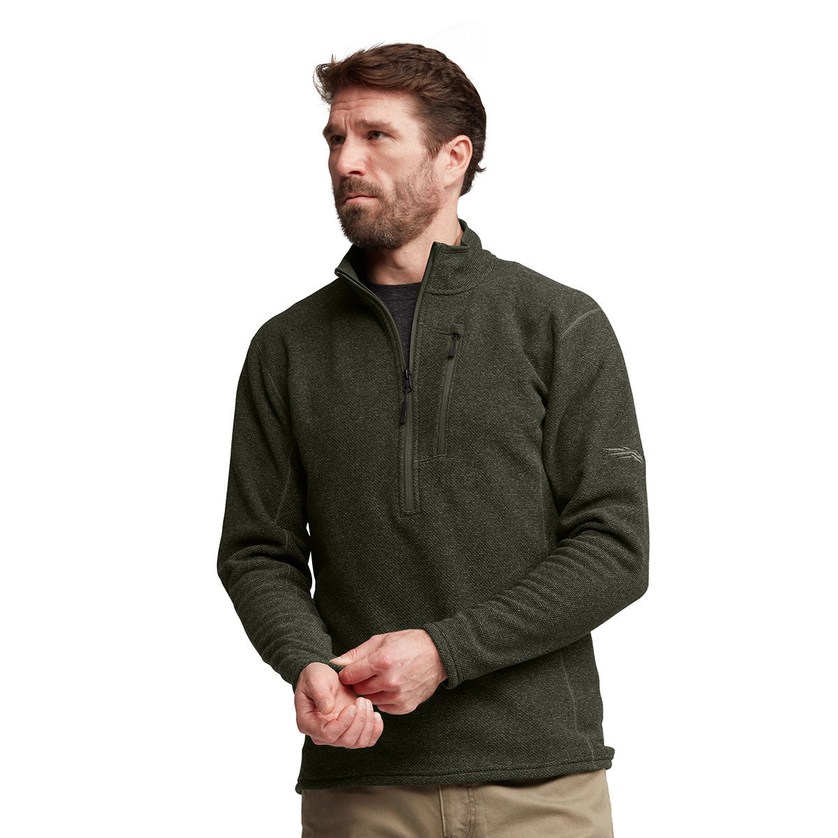 Sitka Snowcrest Half-Zip Fleece Pullover Angled Model Image in Hemlock Green Heather
