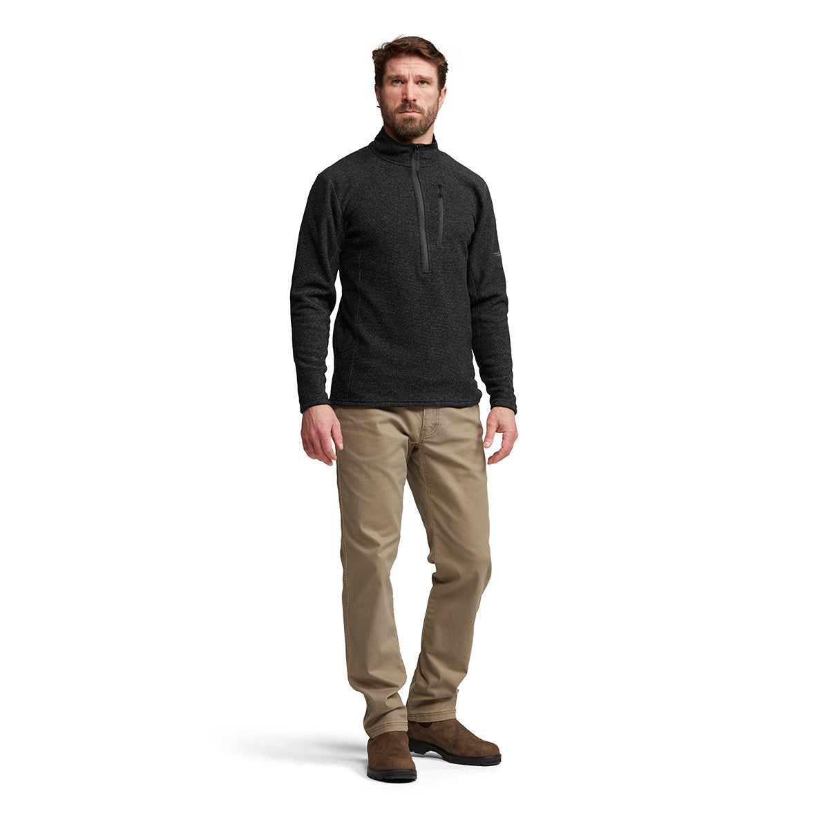 Sitka Snowcrest Half-Zip Fleece Pullover Front Model Image in Sitka Black Heather