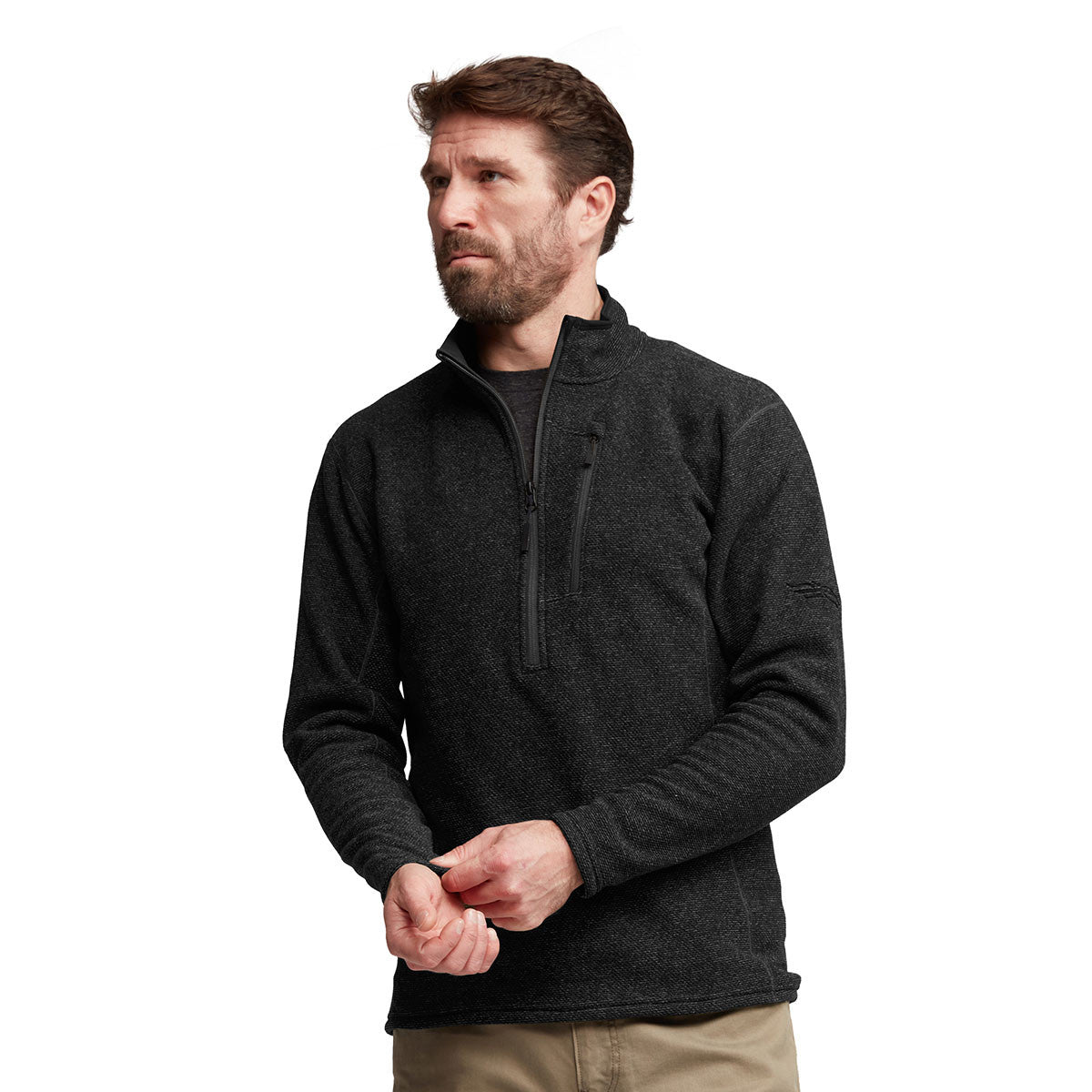 Sitka Snowcrest Half-Zip Fleece Pullover Angled Model Image in Sitka Black Heather