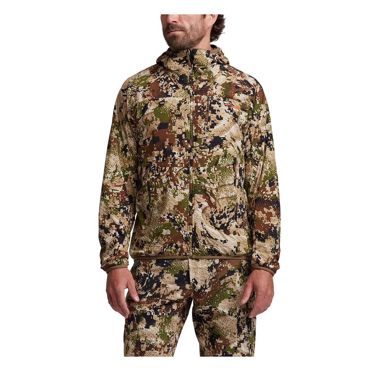 Front Model Image of the Sitka Ambient 100 Hooded Jacket.