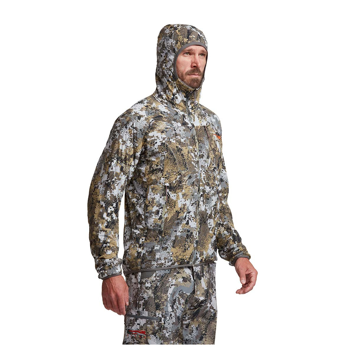 Hood Up Model Image of the Sitka Ambient 100 Hooded Jacket.