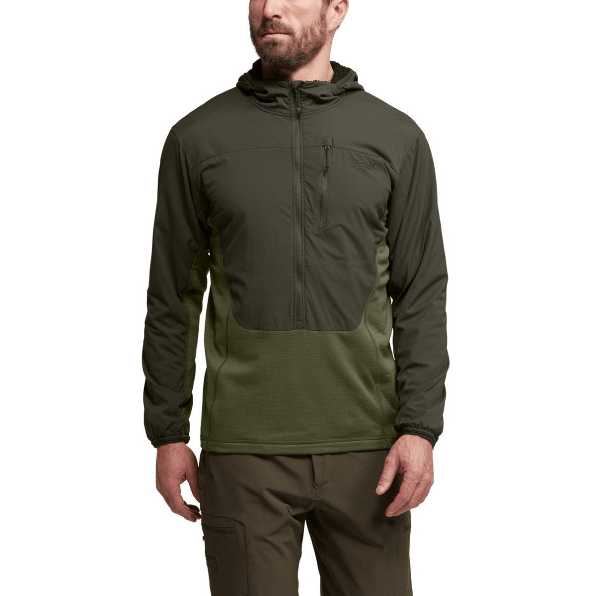 Sitka Ambient 75 Hoodie Front Model Image in Deep Lichen