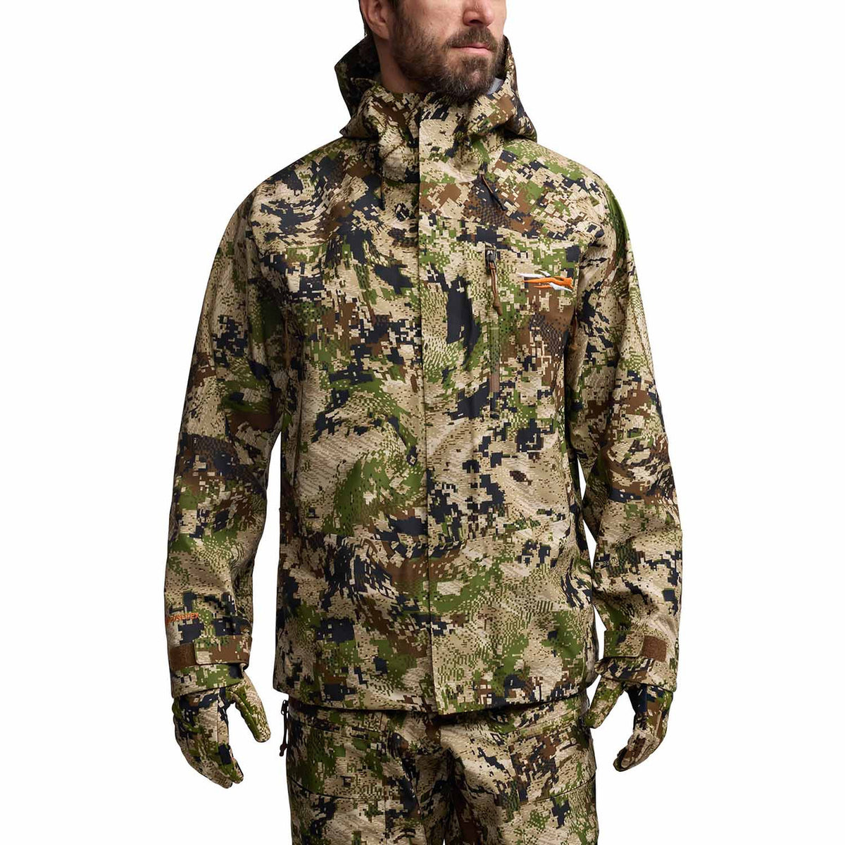 Sitka Dew Point Pro Jacket Front Model Image with Hood Down