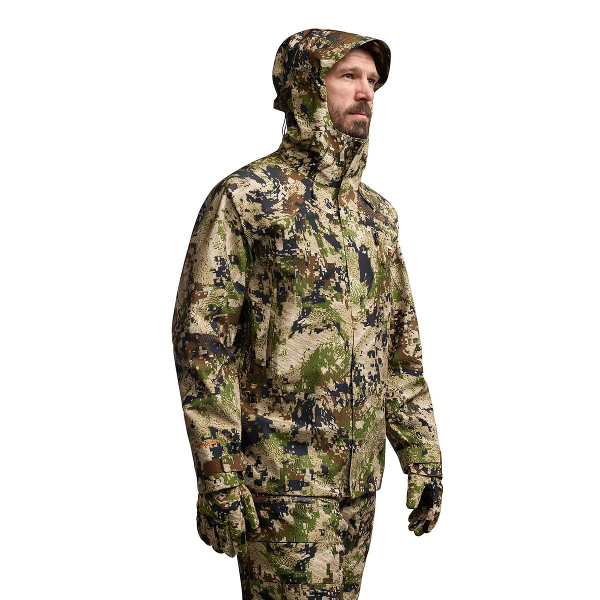 Sitka Dew Point Pro Jacket Front Model Image with Hood Up