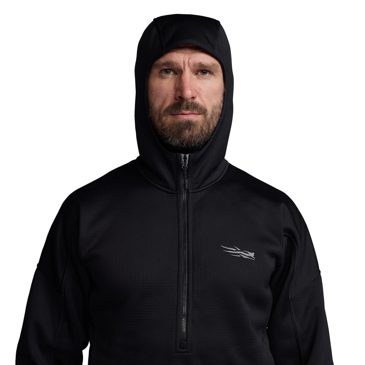 Model Image with Hood Up on the Sitka Solace Hoodie.