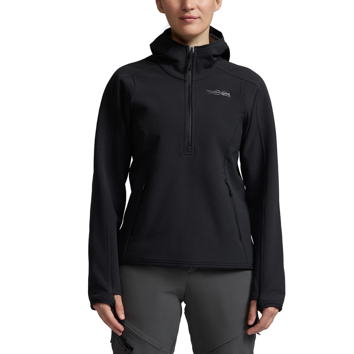 Hood Down Image of the Sitka Women's Alpha Fleece Hoodie.